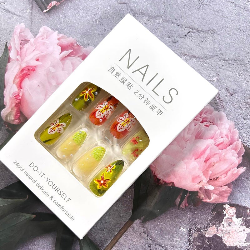 CJDLTS 3D Ripple Flower Press on Nails Almond Shaped with Pearl Design Medium Acrylic False Nail Full Cover Press Ons Floral Stick on Nail Green Smudge French Glue on Nails for Women 24Pcs - Image 5